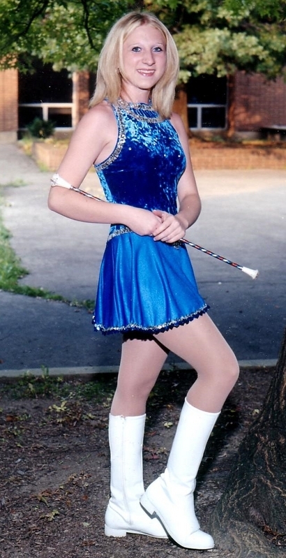Blonde Majorette wearing White Opaque Pantyhose and White Boots